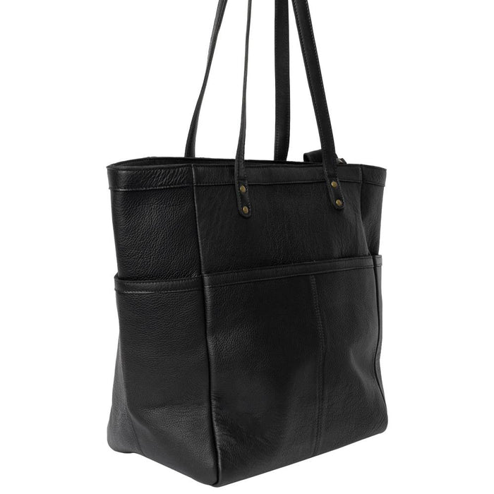 Black leather Project 37 knitting bag with compartments, featuring shoulder handles and metal zipper closure.