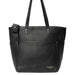 Black leather knitting bag with shoulder handles and compartments.