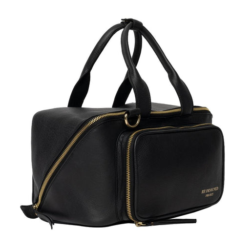 Black and gold leather knitting project bag with spacious interior and front pocket.