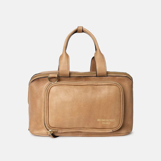 Taupe leather knitting project bag with handles and front pocket.
