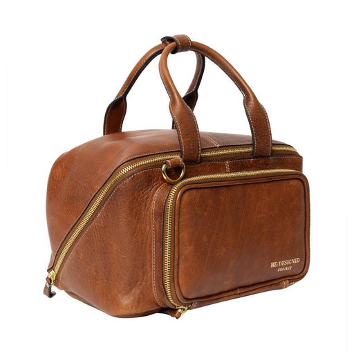 Walnut and gold leather knitting project bag with handles, front pocket, and spacious interior.