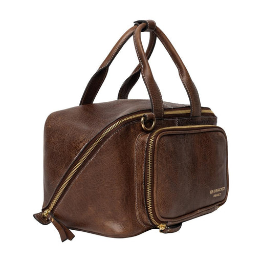 Woodsmoke leather knitting project bag with handles and pockets.