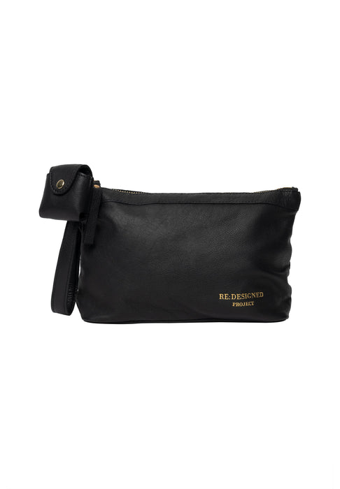 Black and gold leather knitting bag with zipper and side handle.