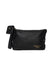 Black and gold leather knitting bag with zipper and side handle.
