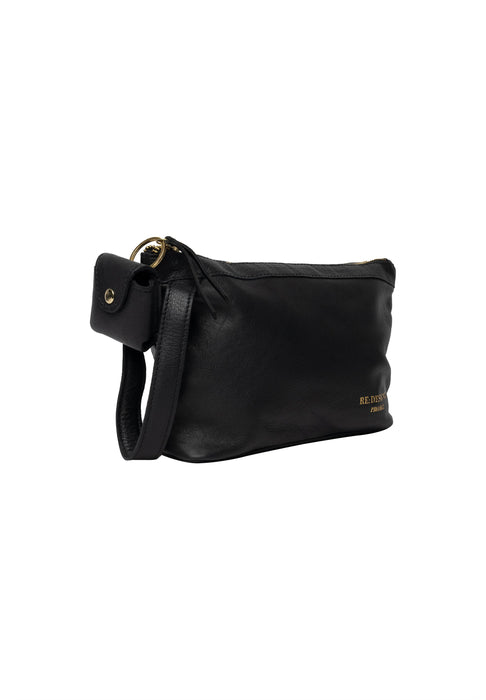 Black and gold leather knitting bag with zipper and side handle.