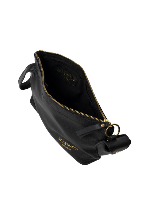 Black and gold leather knitting bag with zipper and side handle.
