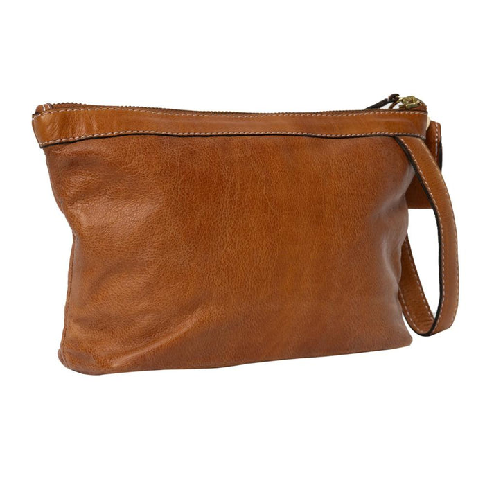 Soft leather knitting bag in burned tan and gold with a side handle and metal zipper.