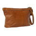 Soft leather knitting bag in burned tan and gold with a side handle and metal zipper.