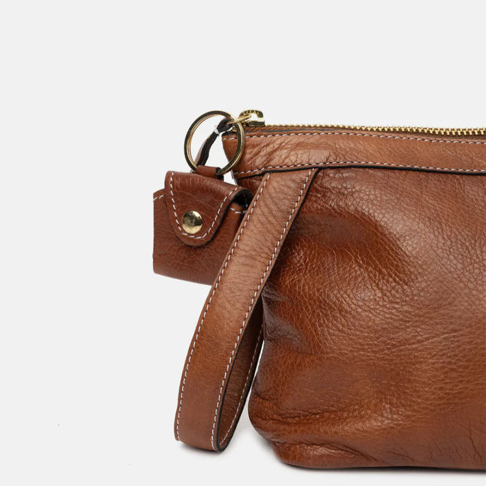 Soft leather Project 4 knitting bag in walnut and gold, handcrafted with a side handle and metal zipper.