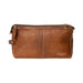 Knitting bag in walnut leather with adjustable strap and multiple pockets for organizing accessories.