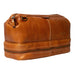 Premium leather knitting project bag in burned tan with compartments.