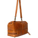 Luxurious burned tan leather knitting project bag with adjustable shoulder strap.