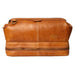 Leather knitting project bag in burned tan with doctor-style design and multiple compartments for circular needles and notions.