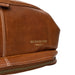 Luxurious walnut leather knitting bag with needle compartments and adjustable strap.