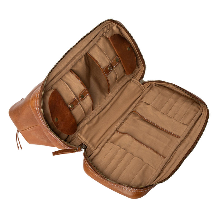 Knitting Bag - Project 45 in Walnut Leather with compartments for circular needles and notions.