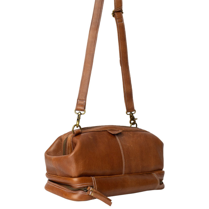 Elegant walnut leather knitting project bag with dedicated compartments and adjustable shoulder strap.