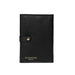 Black and gold leather circular needle knitting case with snap closures and zippered pocket.