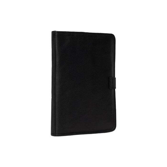 Black and gold circular needle knitting case with leather finish, featuring multiple pockets and zippered compartment.