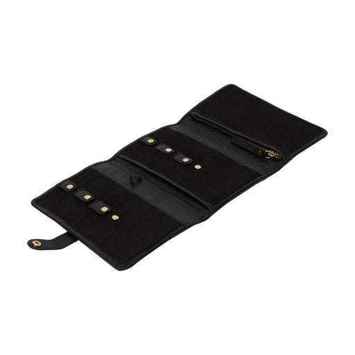 Black and gold leather circular needle knitting case with pockets and snap closures.
