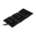 Black and gold leather circular needle knitting case with pockets and snap closures.