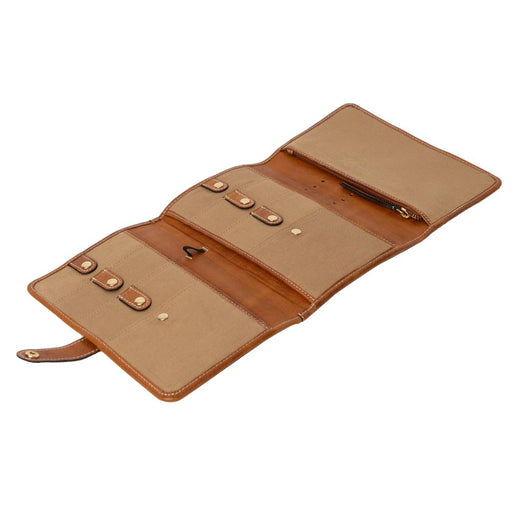 Knitting bag in burned tan/gold leather with multiple pockets and snap closures for circular needle organization.