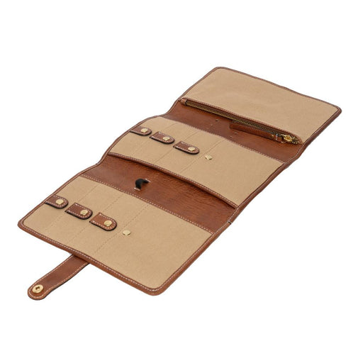 Knitting bag for organizing circular needles with pockets and zippered compartment in walnut and gold leather.