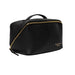 Black and gold leather knitting bag with a looped pocket for needles, crafted for durability and style.