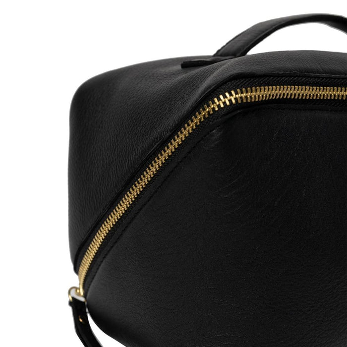 Black and gold leather knitting bag with zipper and artisan-crafted design.