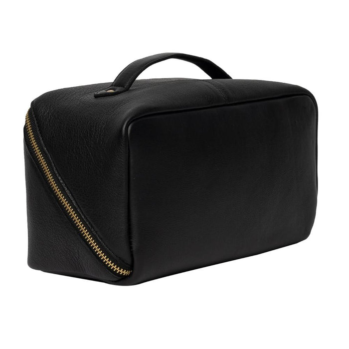 Black and gold leather knitting bag with zipper and handle, perfect for organizing knitting supplies.