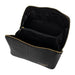 Knitting project bag in black and gold leather with organized compartments for tools.