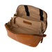 Burned tan leather Project 9 knitting bag with brass accents, featuring organized compartments for knitting tools.