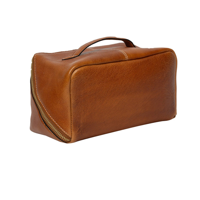 Knitting project bag in burned tan and gold premium leather with patinated finish.