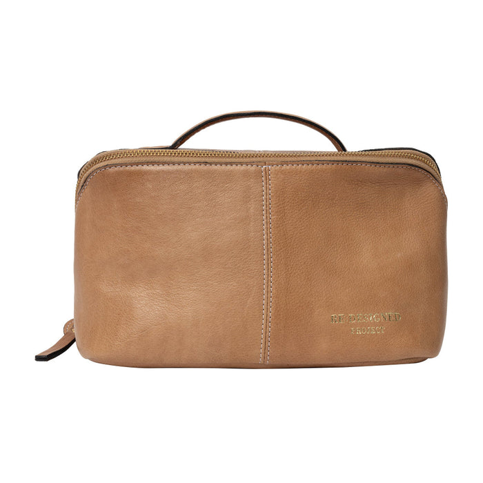 Taupe leather knitting project bag with handle and zipper, featuring a smooth finish and dedicated storage pockets for knitting tools.
