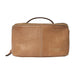 Taupe leather knitting project bag with handle and zipper, featuring a smooth finish and dedicated storage pockets for knitting tools.