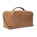 Taupe leather knitting project bag with handle and zipper, featuring a soft patinated finish.