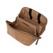 Taupe leather knitting project bag with organized compartments for tools and supplies.