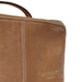 Taupe leather knitting project bag with elegant design and dedicated spaces for tools and supplies.