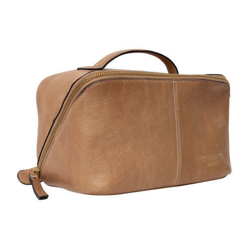 Taupe leather knitting project bag with a patinated finish and organized compartments.