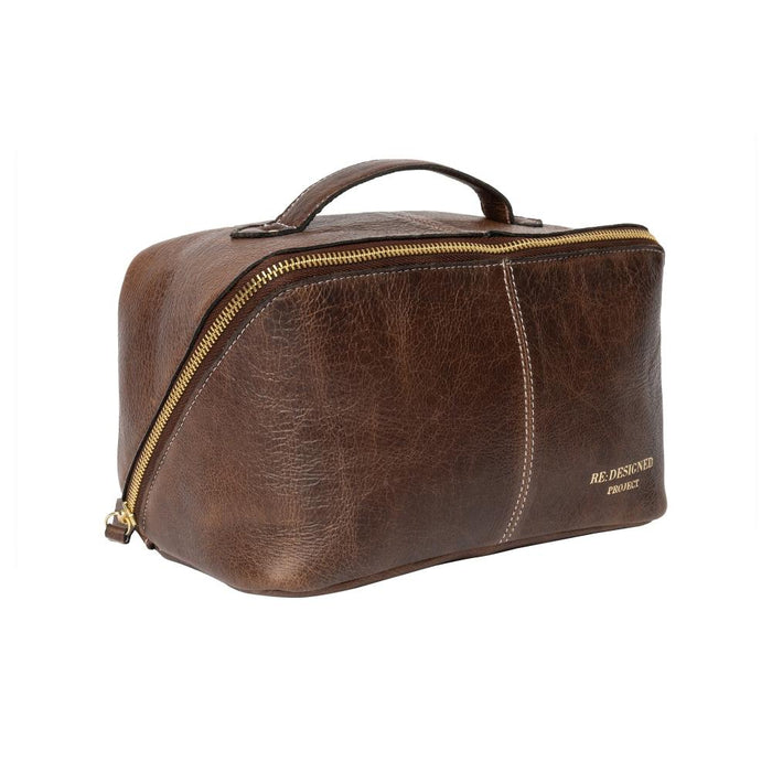 Premium leather knitting project bag in woodsmoke color with dedicated storage for tools and supplies.