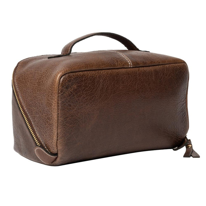 Premium leather knitting bag in Woodsmoke with a patinated finish, dedicated spaces for tools, and timeless design.