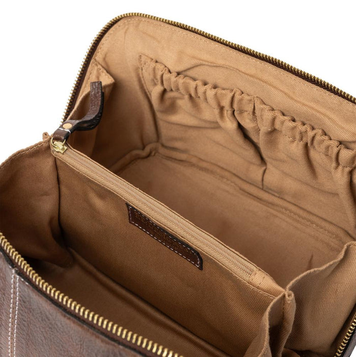 Premium leather knitting bag in woodsmoke with compartments, showcasing soft interior and looped pocket for needles.