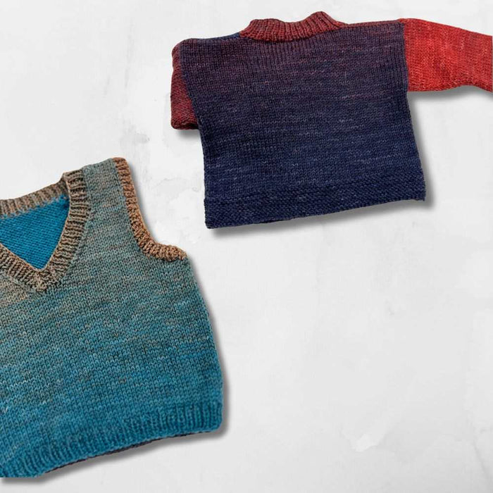 Cardigan and vest knit kit for babies and toddlers with variegated Sesia Talent 4ply yarn.