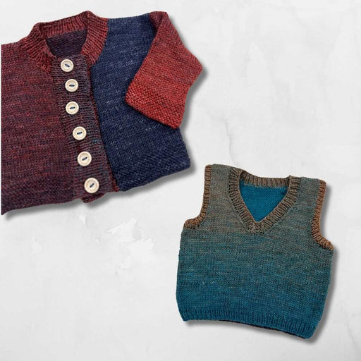Cardigan & vest knit kit for babies and toddlers, featuring variegated Sesia Talent 4ply yarn.