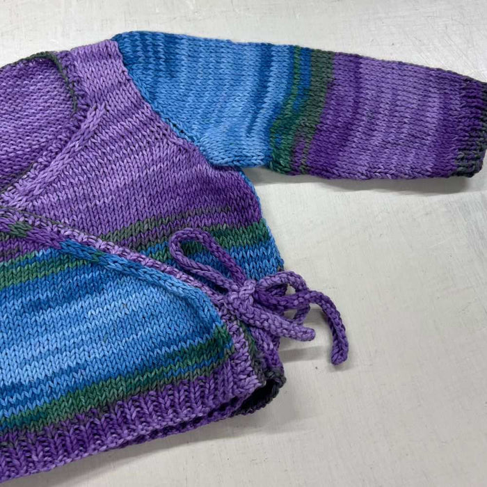 Crossover Jacket & Hat Knit Kit - Variegated cotton, colorful knitted baby jacket.
