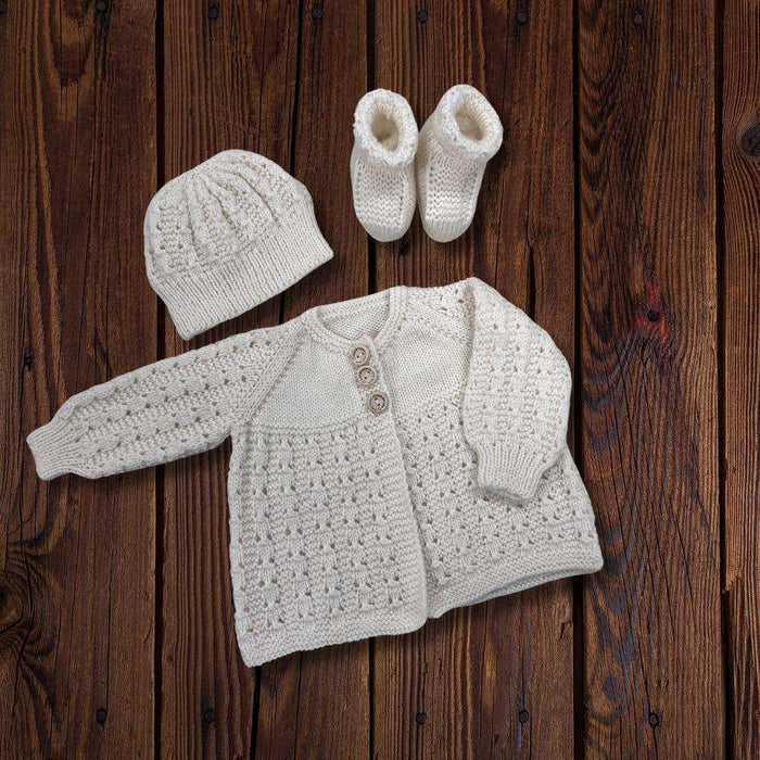 Matinee Jacket, Hat & Booties Knit Kit-Needlecraft Kits-Wild & Woolly Yarns-White (359)-Preemie / 0-3 Months-Wild & Woolly Yarns