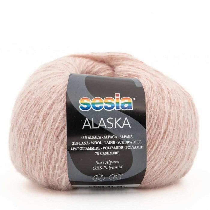 Sesia Alaska yarn ball for Sophie Scarf Knit Kit in soft pink, luxury blend of alpaca, wool, cashmere, and GRS polyamide.