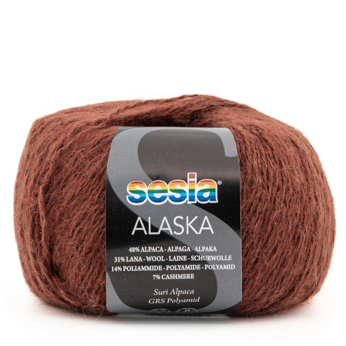 Sesia Alaska yarn for Sophie Scarf Knit Kit in rich brown, 48% alpaca, 7% cashmere.