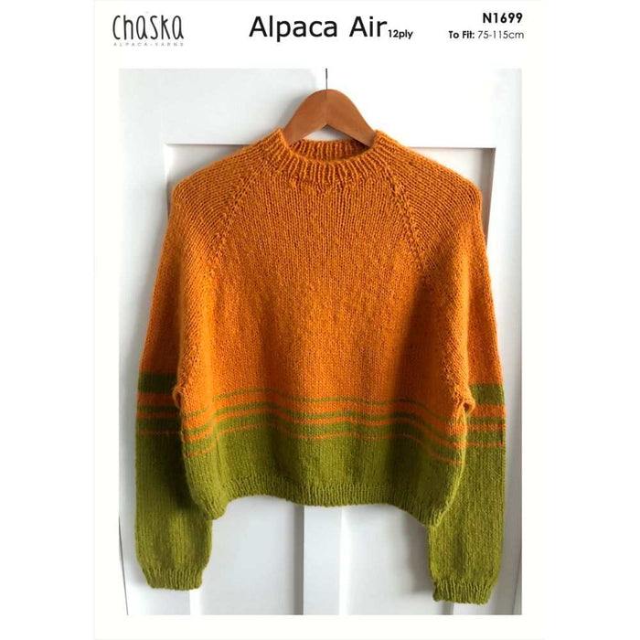 Knit kit featuring a striped jumper made with Chaska Alpaca Air 12Ply yarn, displayed on a hanger.