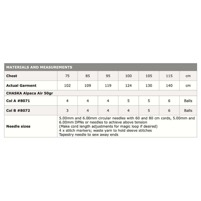 Materials and measurements for Top Down Comfy Striped Jumper Knit Kit, featuring Chaska Alpaca Air yarn and recommended needle sizes.
