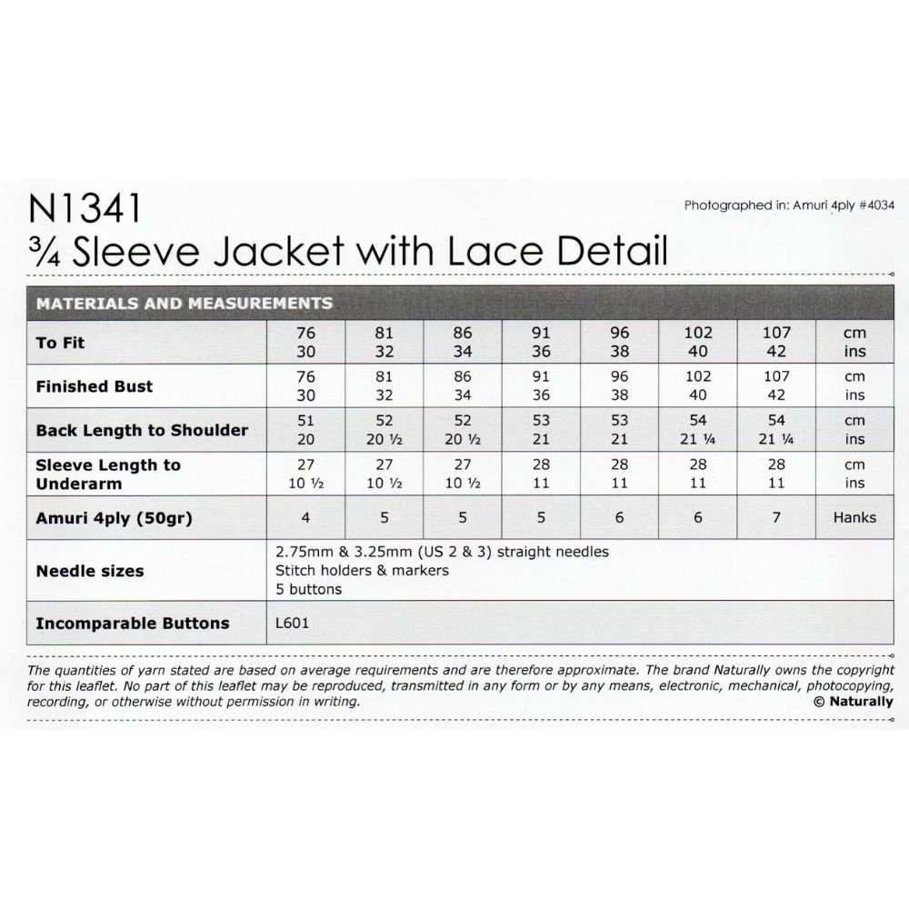 3/4 Sleeve Jacket with Lace Detail Knitting Pattern (N1341)-Needlecraft Patterns-Wentworth Distributors-Printed Pattern – Posted-Wild & Woolly Yarns